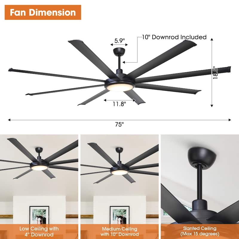 75-Inch Modern Industrial 8-Blade Extra-Large Ceiling Fan with Light