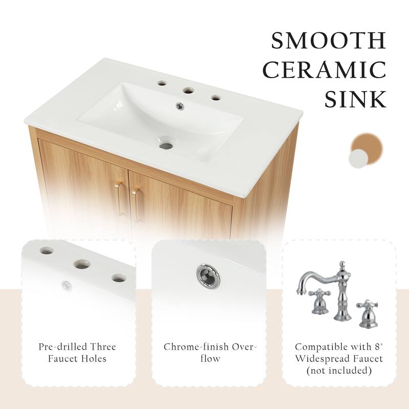 30" Bathroom Vanity, Center Rectangular Ceramic Sink Bathroom Cabinet, Natural - 30 Inch