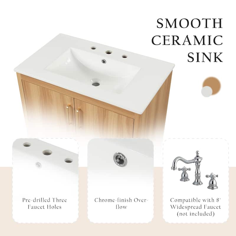 GDFStudio - Emerson 30-Inch Freestanding Bathroom Vanity with Ceramic Sink, Multi-functional Cabinet and Drawer - 30"