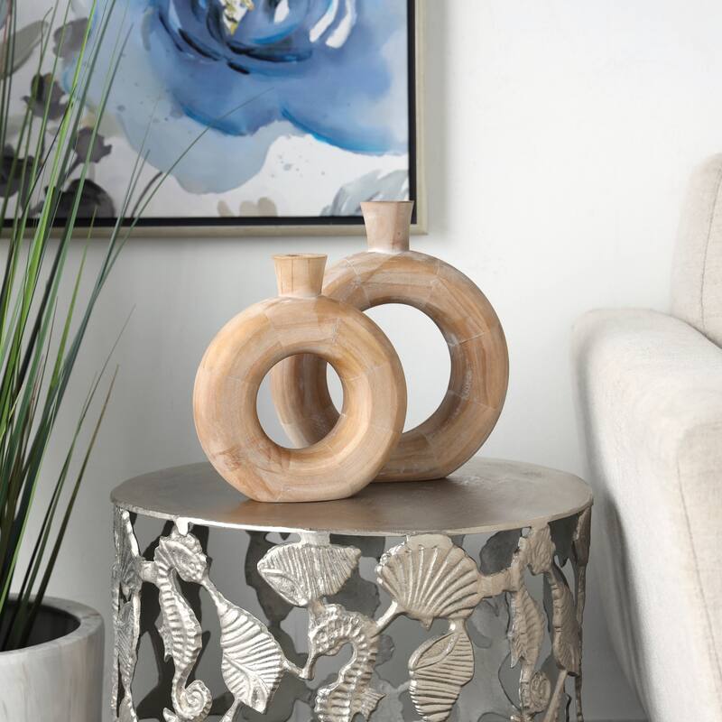 Brown Wood Circular Decorative Vase with Cutout Center (Set of 2) - Brown