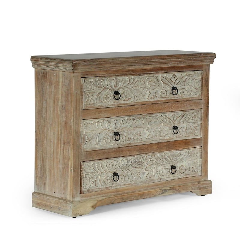 Natural Wood White Floral Accent Chest With 3-Drawer