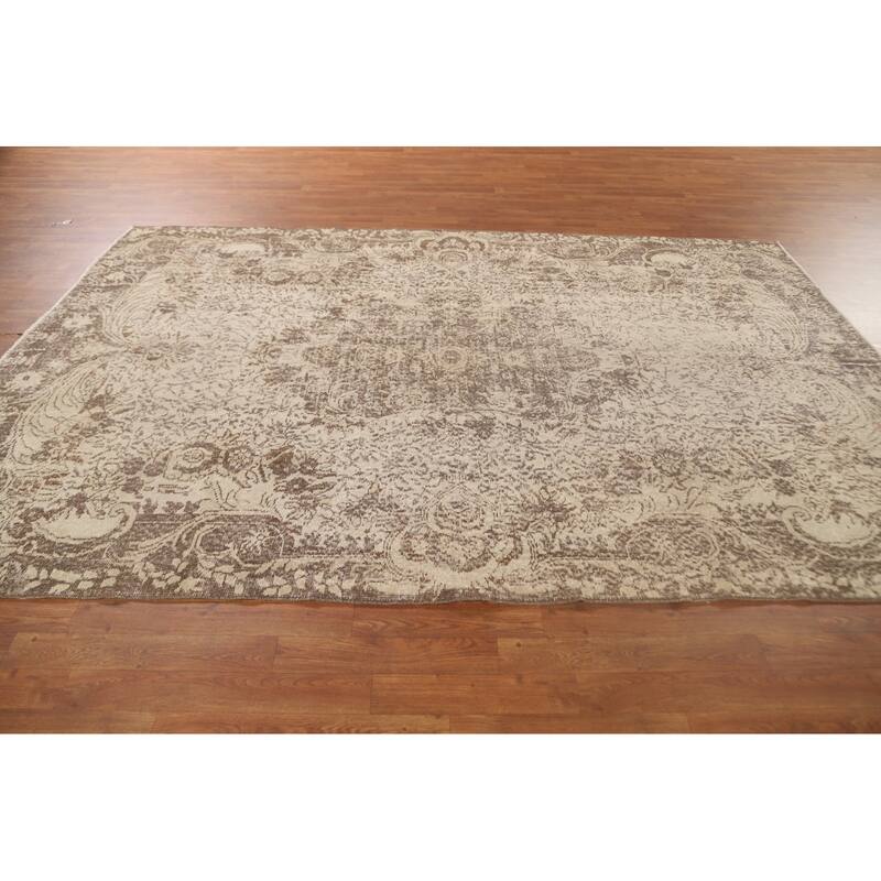 Distressed Anatolian Turkish Vintage Rug Handmade Beige Wool Carpet - 6'6" x 9'8"