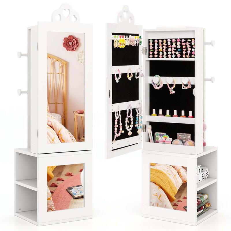 Kids Jewelry Cabinet Armoire Standing Vanity Dressing Mirror - White