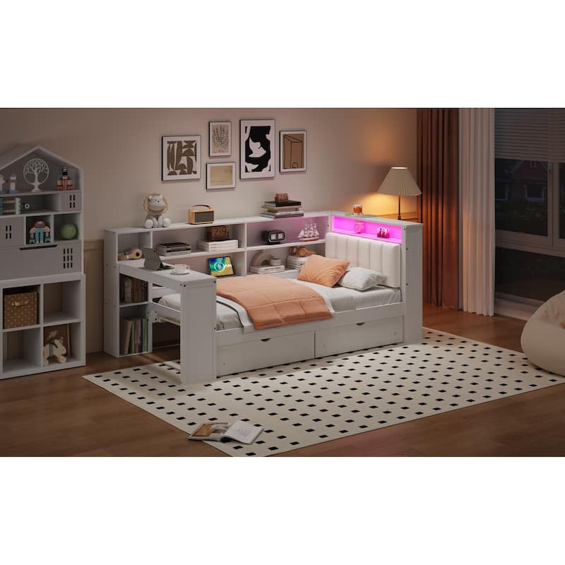 Wood Daybed Twin Size Platform Bed with Storage Shelves, Drawers, Charging Station, Desk, LED and Upholstered Cushion Headboard