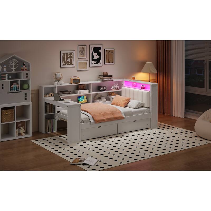 Wood Full/Twin Platform Bed with Storage - Features Shelves, Drawers, Charging Station and LED Desk