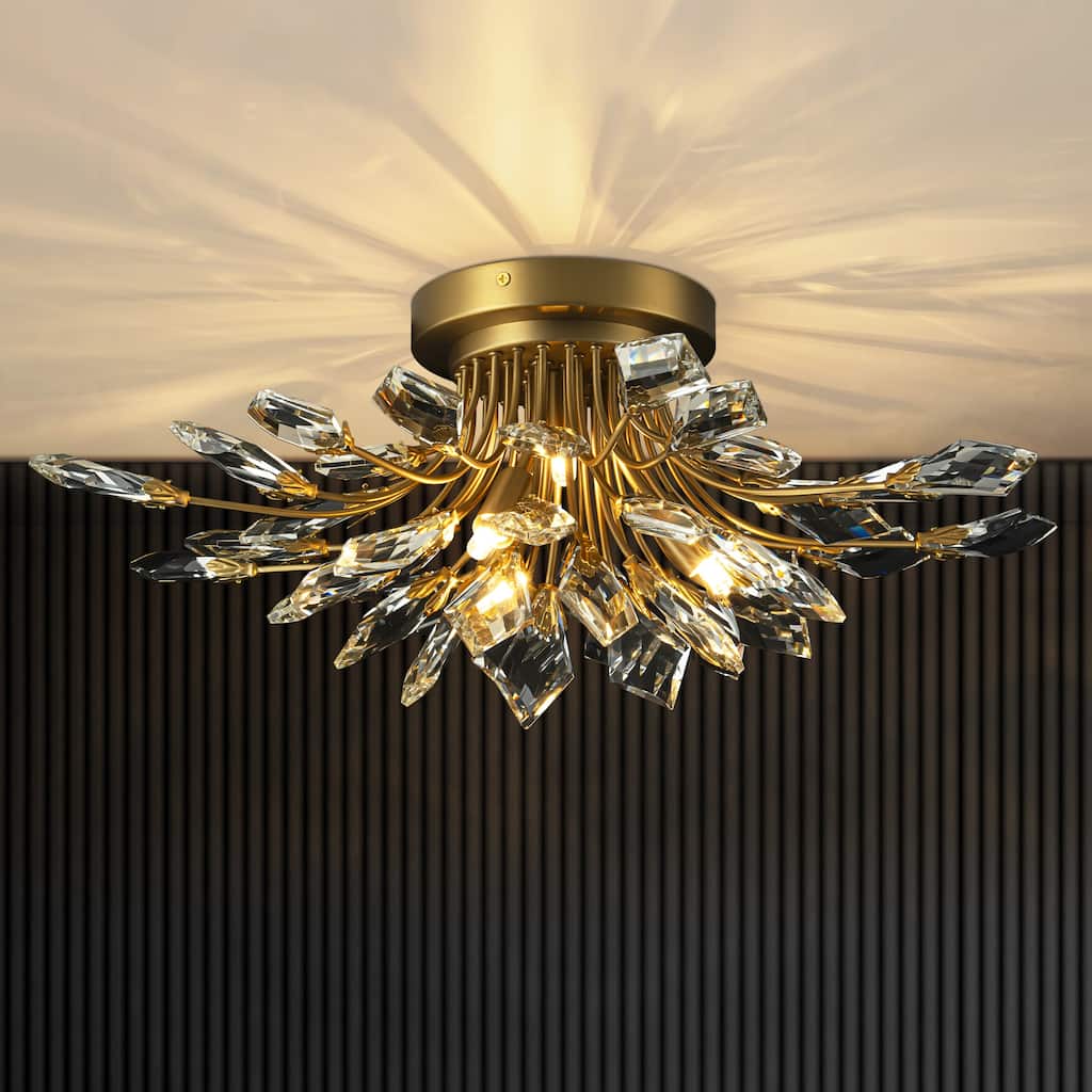 4-Light Modern Industrial Linear Cluster Crystal Flush Mount Light Sputnik Ceiling Light for Dining Room