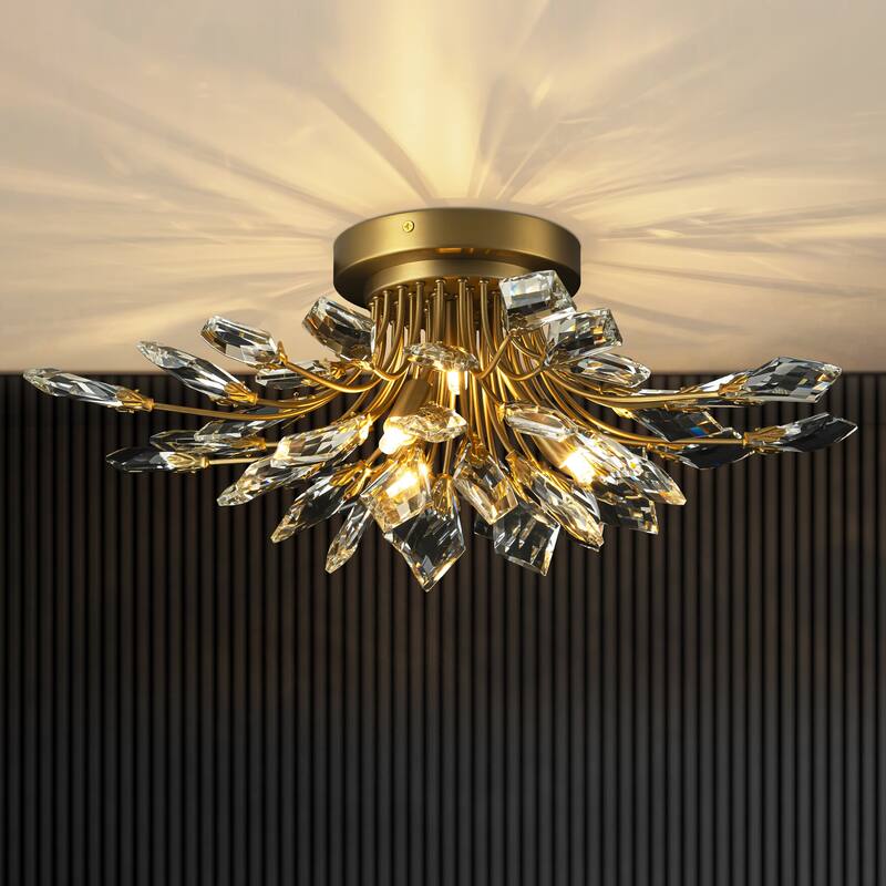 4-Light Modern Industrial Linear Cluster Crystal Flush Mount Light Sputnik Ceiling Light for Dining Room - Brushed Brass
