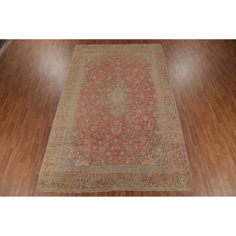 Distressed Mashad Persian Vintage Rug Hand-Knotted Floral Wool Carpet - 8'10"x 13'10"