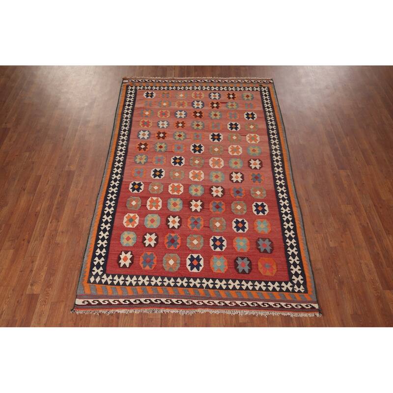 Kilim Qashqai Persian Vintage Rug Hand-Woven Pink Wool Carpet - 5'0"x 7'10"