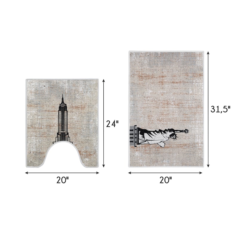 Toilet Mat Set - 2-Piece Designer Print Bathroom Contour Rugs Combo - Non Slip, Soft Cotton & Absorbent Floor Carpets