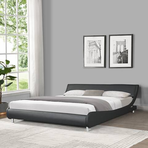 King Size Faux Leather Upholstered Platform Bed Frame, Curve Design, Wood Slat Support