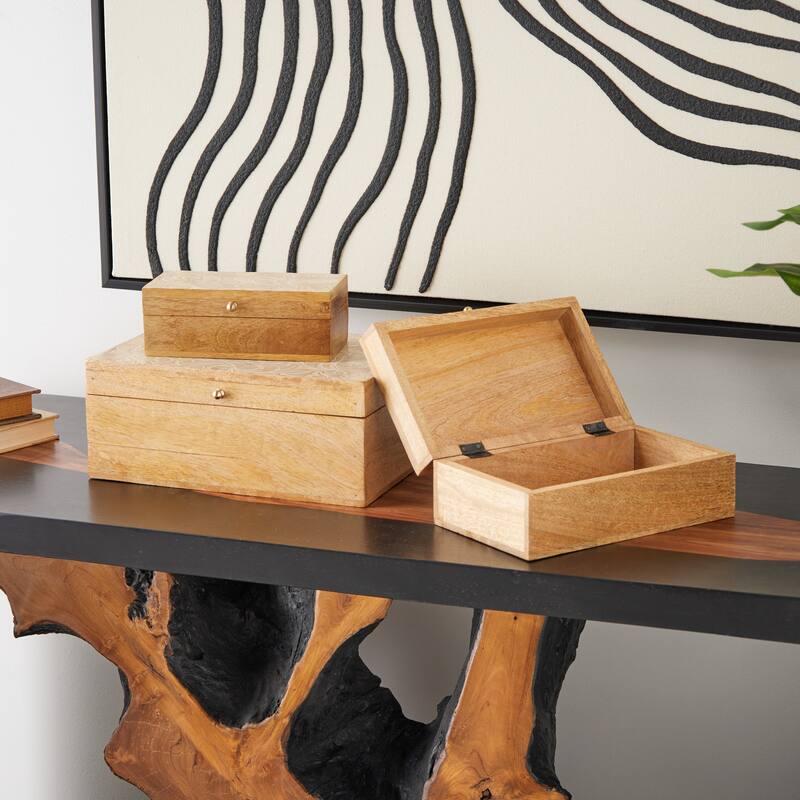 Brown Mango Wood Handmade Storage Scroll Box with Gold Accents (Set of 3)