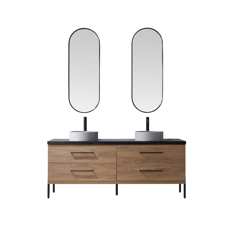 Trento Bath Vanity with Sintered Stone Top with Concrete Sink (C) - 72 in. - North American Oak-With Mirror