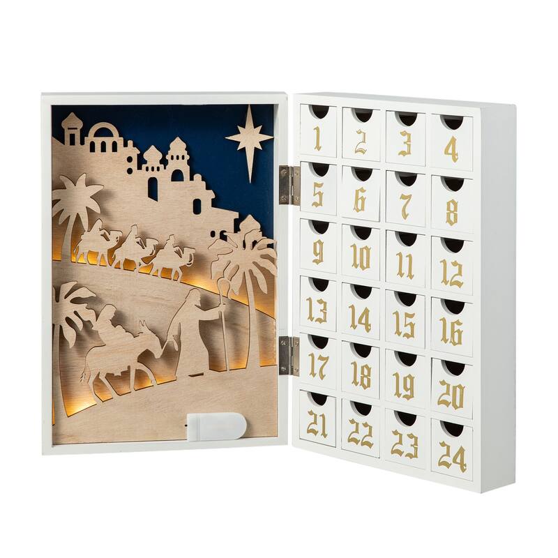 Glitzhome 17"L Lighted Wooden Nativity Advent Calendar for Adults & Kids Christmas Decoration - Nativity Advent Calendar