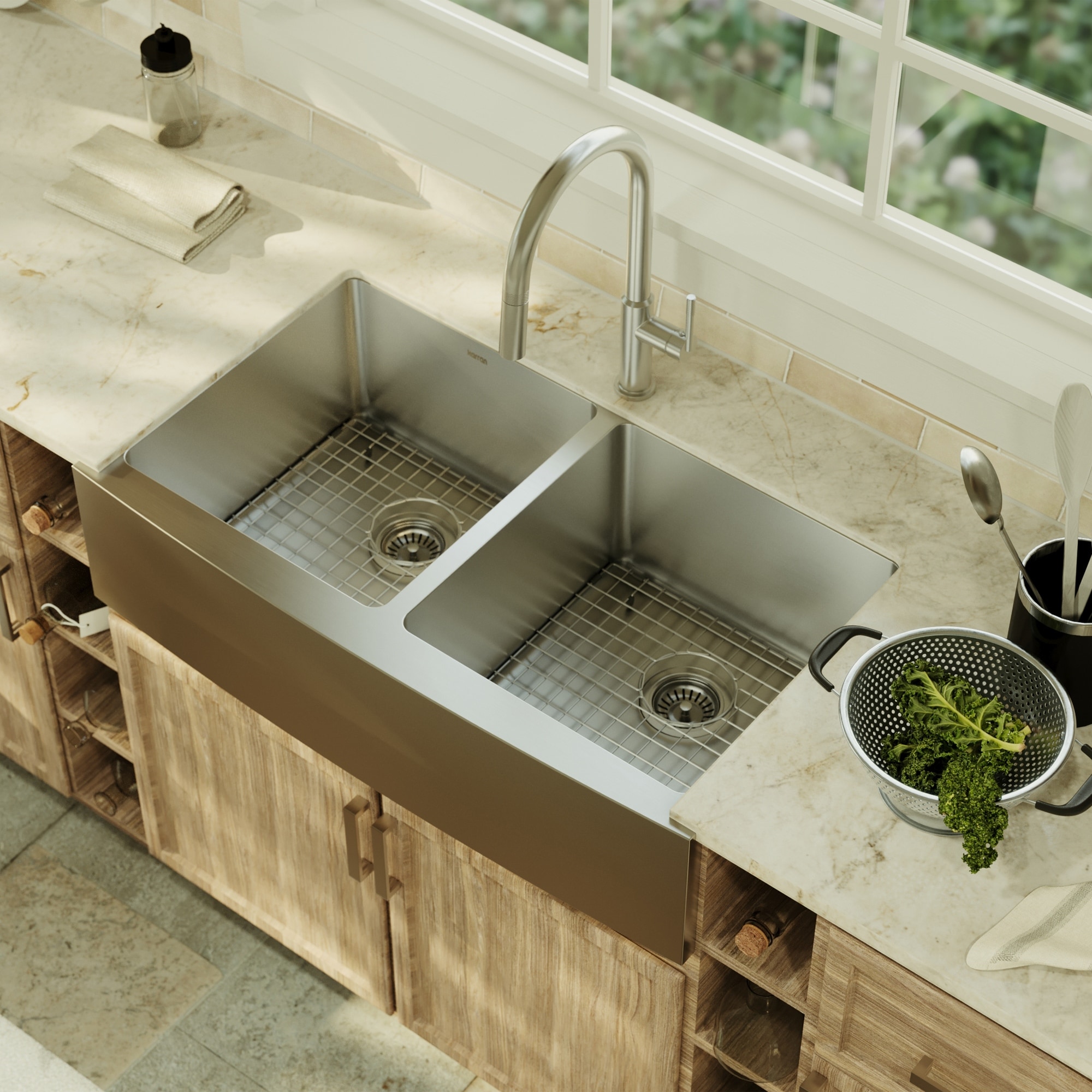 Karran Elite Apron-Front Stainless Steel 36 in. 16-Gauge Double Bowl Farmhouse Kitchen Sink Kit - Silver