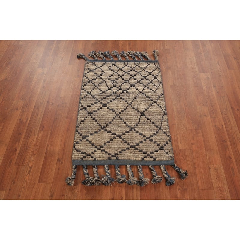 Striped Brown Moroccan Indian Foyer Rug Handmade Wool Carpet - 2'0"x 3'0"