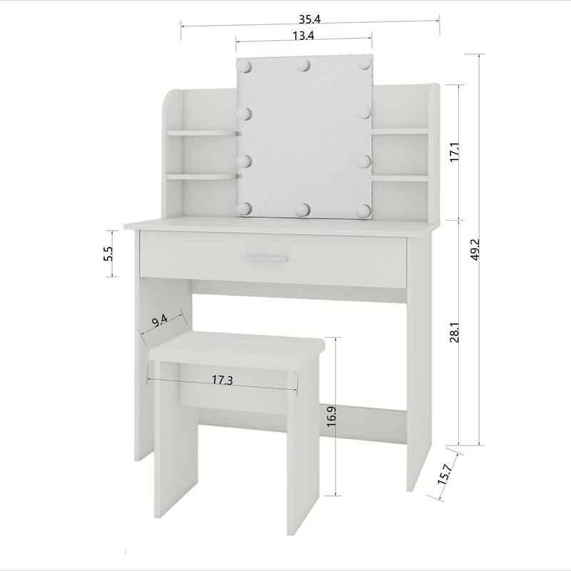 Modern Wood Vanity Table with Mirror,Drwer and Seat