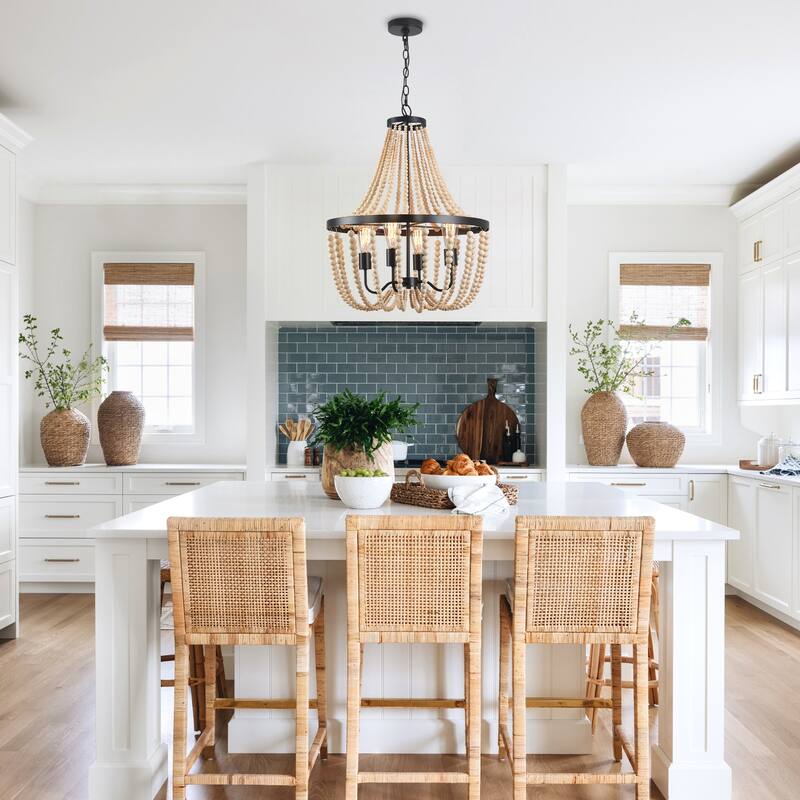 Farmhouse Beaded Chandelier Wood Chandelier Wood Bead Chandelier - 4-Light