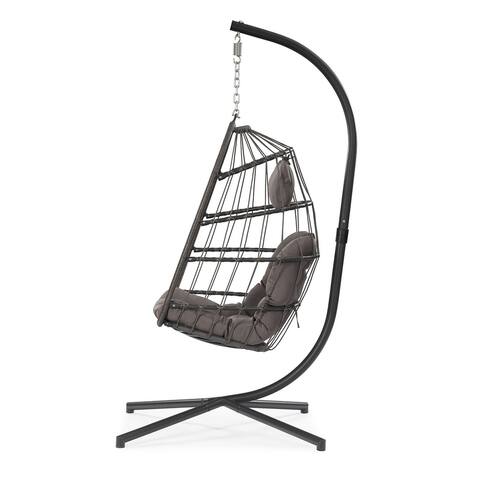 Outdoor Patio Wicker Hanging Chair Swing Chair Patio Egg Chair UV Resistant Grey Cushion Chair with Aluminum Frame