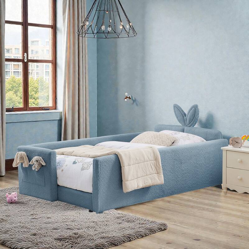 Twin Size Upholstered Platform Bed with Rabbit Ear Headboard, Kids Boucle Fabric Bed Frame with Safety Rail and Pocket