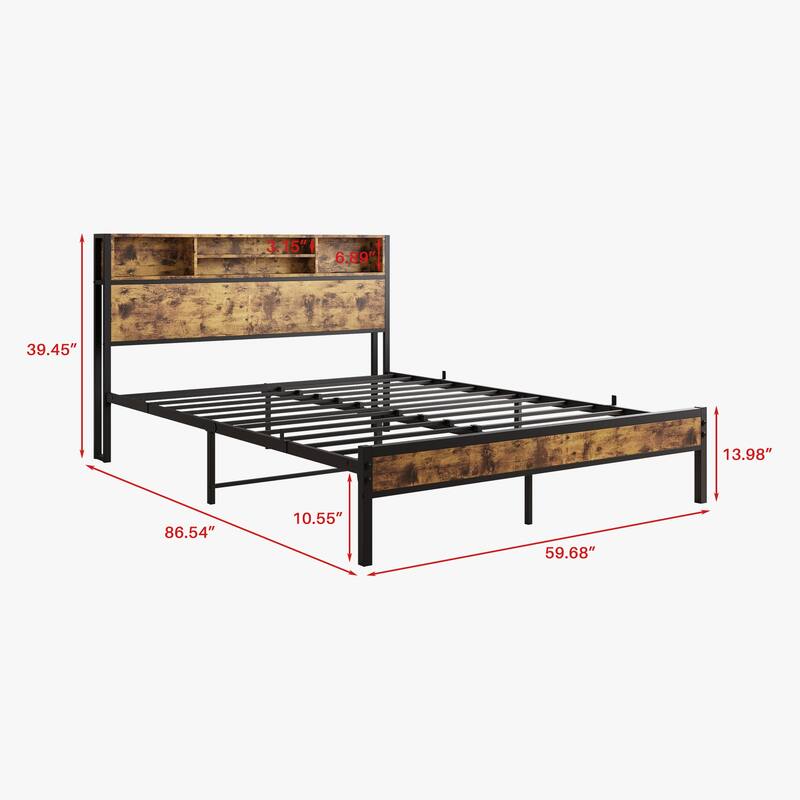Bookcase Storage Platform Bed with Charging Station