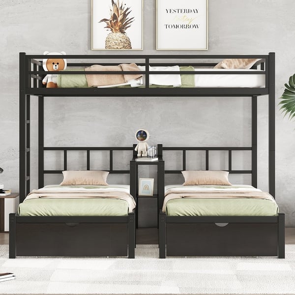 slide 2 of 12, Full XL Over Twin & Twin Triple Bunk Bed With Drawers, Multi-Functional Metal Frame Bed With Desks and Shelves