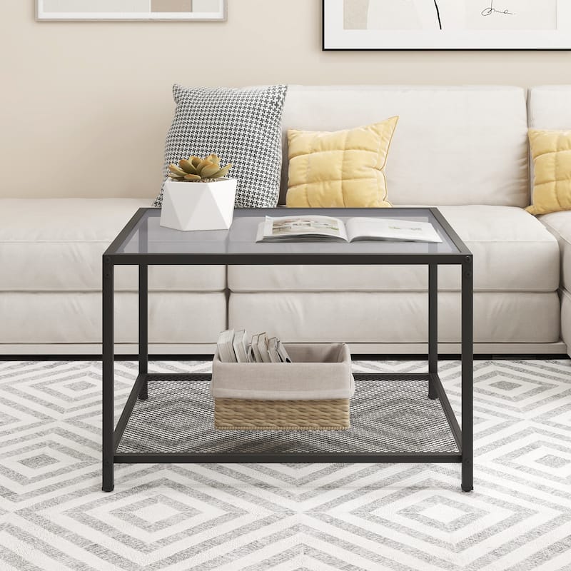 Tempered Glass and Black Metal 2-Tier Coffee Table with Mesh Shelf and 110 lbs Capacity - 27.5" x 27.5" x 18"