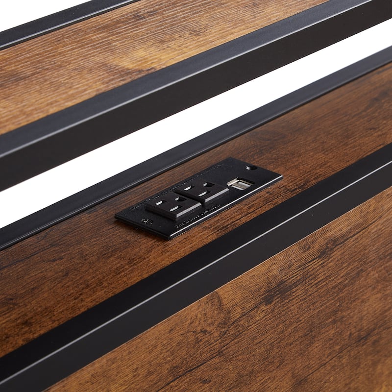 Queen Size Modern Metal Platform Bed with Wooden Headboard and LED