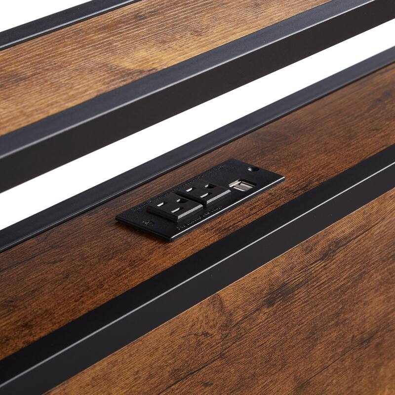 Twin Size Metal Platform Bed with Wooden Headboard, USB Port, Under Bed Storage, Easy Assembly, No Box Spring Needed