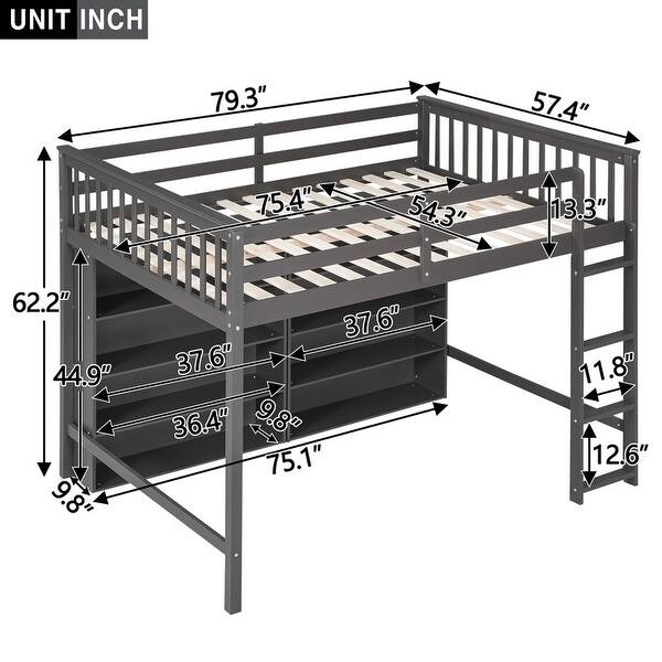 dimension image slide 0 of 2, Full Size Loft Bed with 8 Open Storage Shelves and Built-in Ladder
