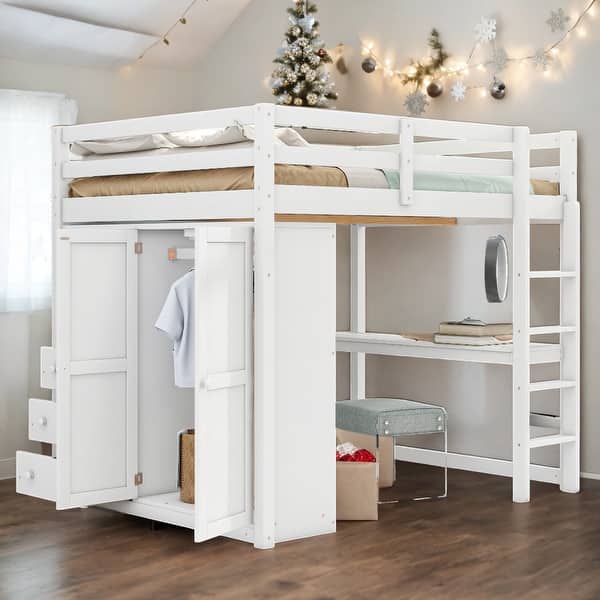 slide 2 of 24, Wood Full Size Loft Bed with Wardrobe, Desk, Shelves & Drawers, White, Space-Saving Loft Bed for Kids, Teens, and Adults White