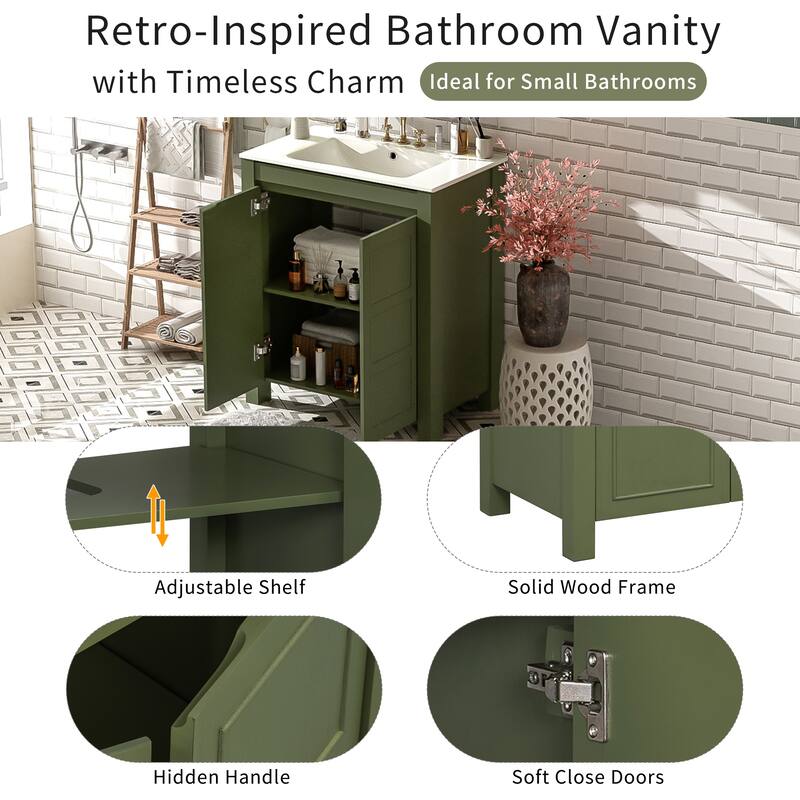 30" Rustic Bathroom Vanity with Ceramic Sink, Soft-Close Doors & Adjustable Shelf, Espresso Storage Cabinet, Modern Wood Frame