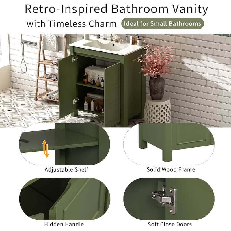 30-Inch Farmhouse-Style Bathroom Vanity with Ceramic Basin, Soft-Close Door, Customizable Shelf & Olive Green Storage Cabinet‌