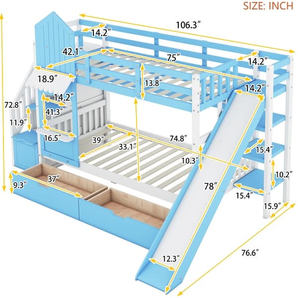 dimension image slide 1 of 4, Twin over Twin Bunk Bed With 2 Drawers,3 Shelves and Slide,Sturdy Frame