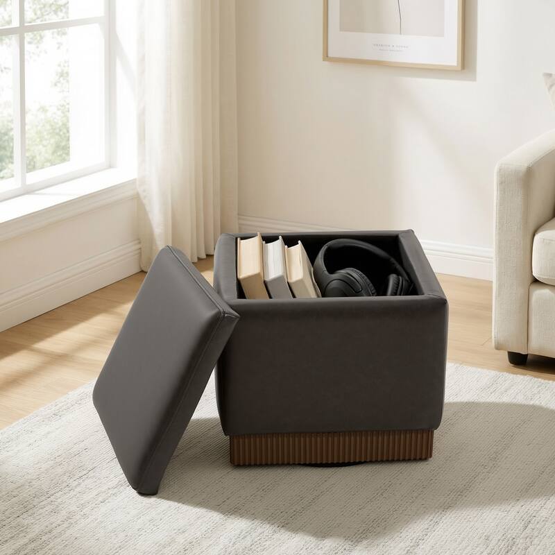 Swivel Storage Ottoman Bench Footstool with Flip-top and Acacia Solid Wood Frame, Fully Assembled