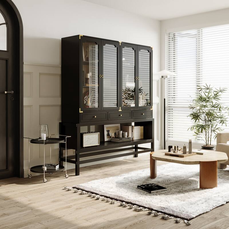 Bookshelves Black Display Cabinet with Glass Doors, Wood Grain Back, Metal Corner Accents - 66.1"x74.8"