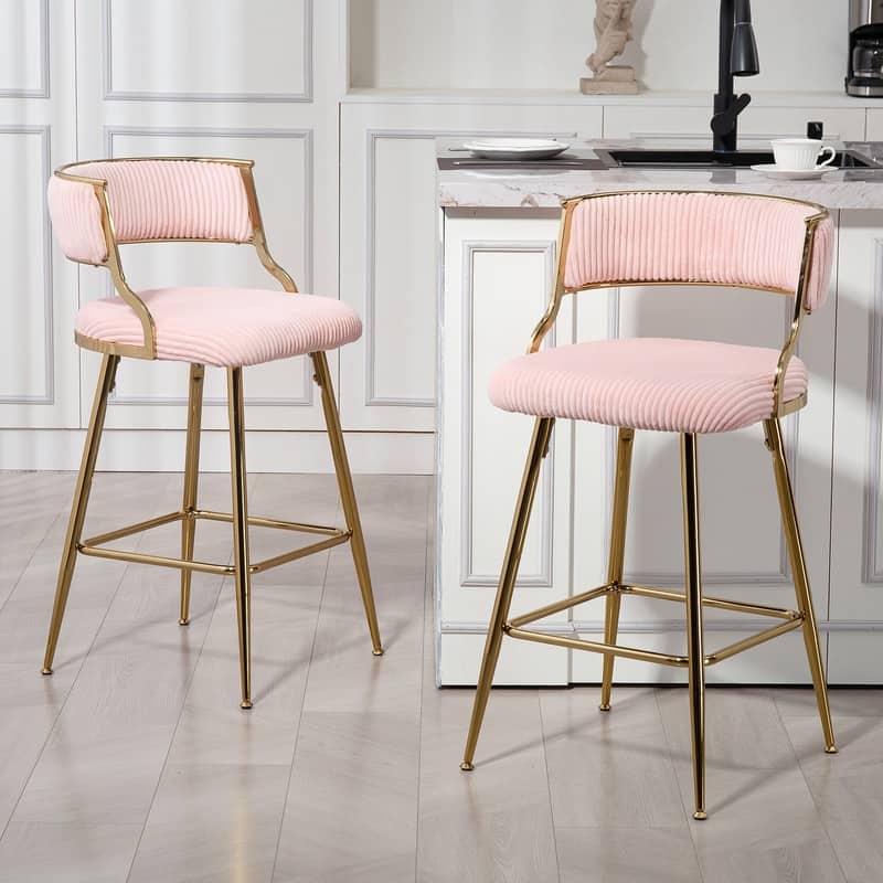 (SET of 2) 26'' Counter height bar stools Corduroy kitchen island counter bar stool with back,golden chromed base and footrest