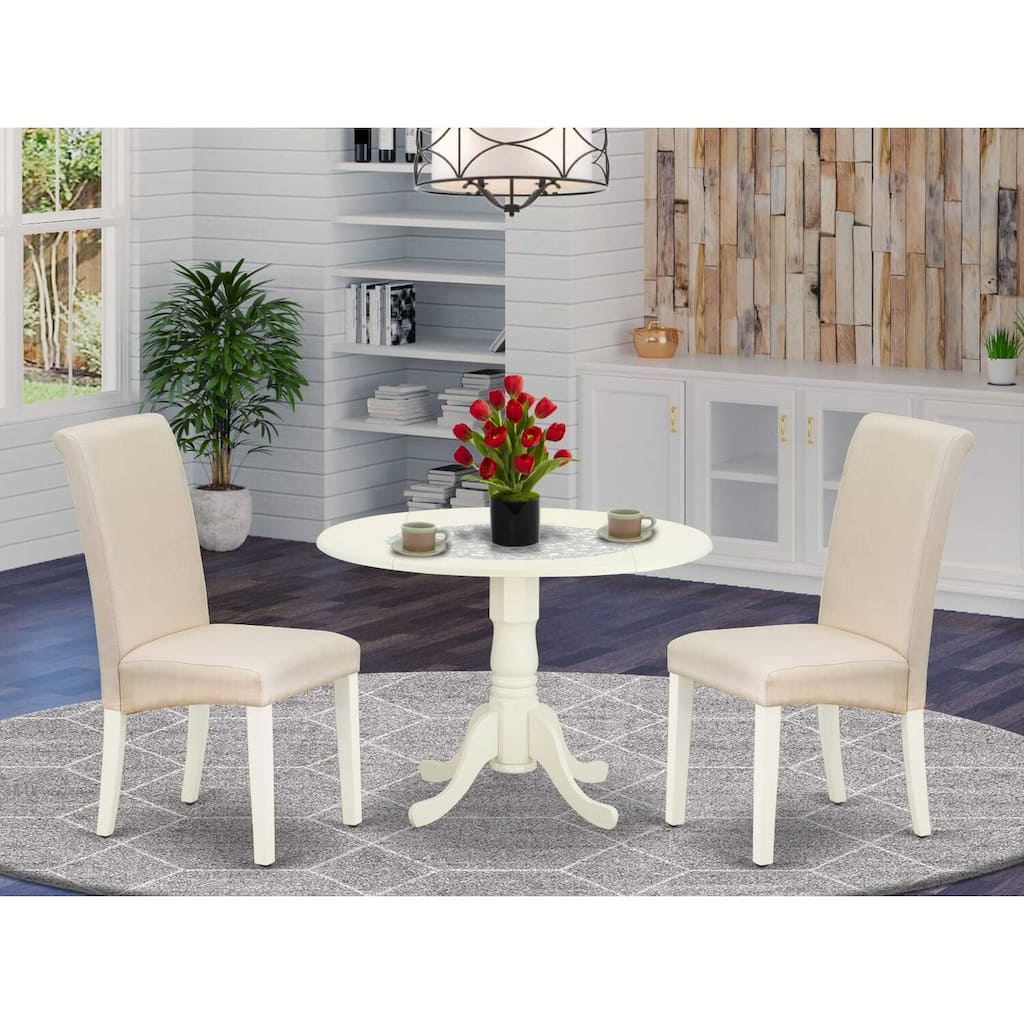 HomeStock 3-Piece Round Buttermilk and Cherry Finish Solid Wood Top Dining Table with 2-Parson Chairs with Drop Leaf