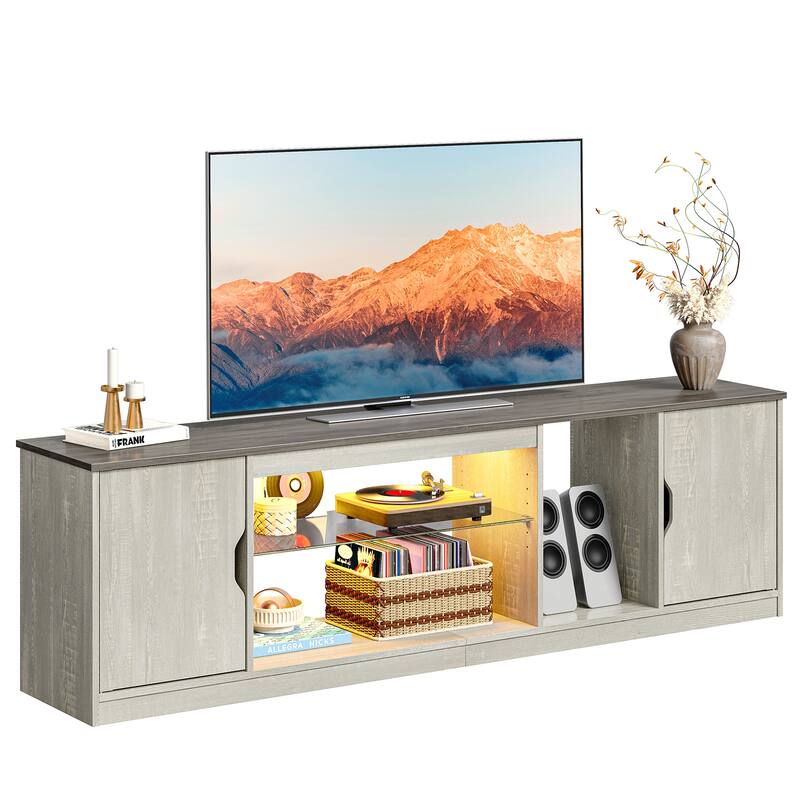 Bestier 70" TV Stand for TV, LED Gaming Entertainment Center with Storage Cabinet and Adjustable Tempered Glass Shelf