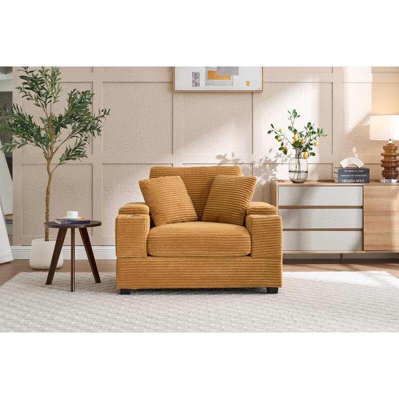 Corduroy Upholstered Chaise Lounge with Movable Ottoman, Living Room Storage Sofa Chair with Cup Holder, Detachable Cushions