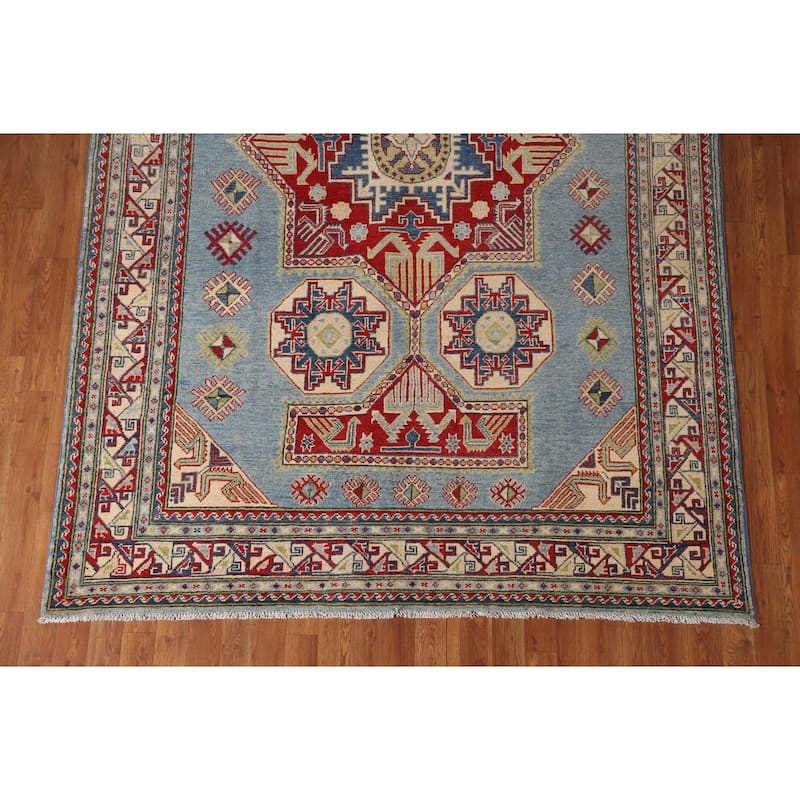 Blue Geometric Kazak Area Rug Handmade Oriental Wool Carpet - 6'0" x 9'8"
