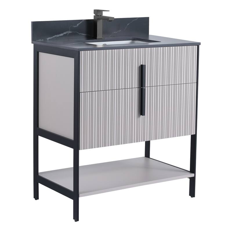 Fine Fixtures Serenity Modern Bathroom Vanity with Black Sintered Stone Top - Bright Taupe - Black Hardware - 30 inch