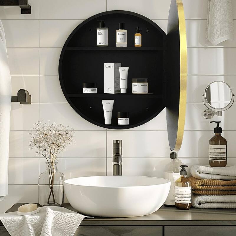Metal Framed Wall-Mount Bathroom Medicine Cabinet with Mirror, Large Storage Space, Black Iron Powder Material - 28x28 inch - Black and gold + Iron