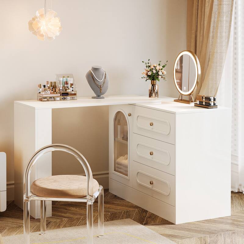 Modern 360° Rotatable Vanity Desk with 3 Drawers, White Corner Vanity