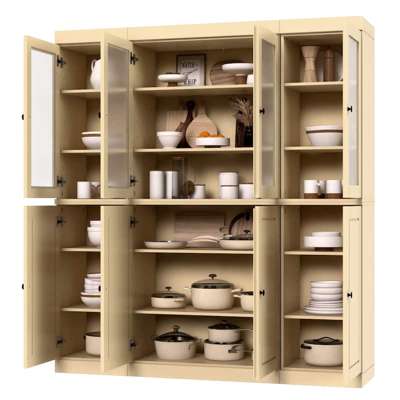 100% Solid Wood 65" Pantry China Cabinet with Solid, Frosted Glass Doors and Adjustable Shelves