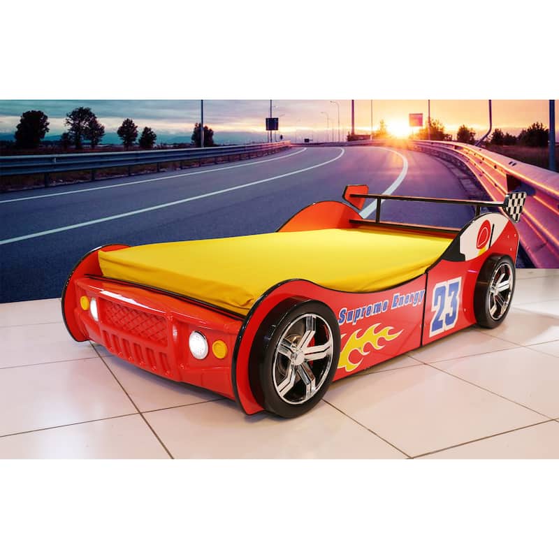 Kids Racing Car Floor Bed with LED Light and Safety Guardrails