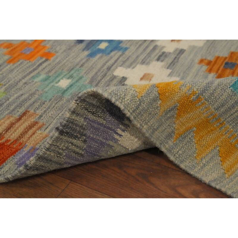 Hand Woven Oriental 100% Wool Carpet Southwestern Tribal Greys & Charcoal Kilim Area Rug - 6' 4'' X 2' 7''