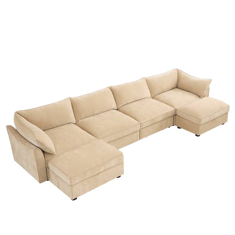 4- Deep L-Shaped Seater Sectional Sofa Couch with 2 Movable Storage Ottoman & Pull out Drawers Under Each Seat
