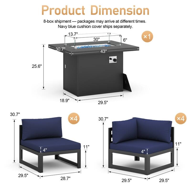 9-Piece Modern Aluminum Outdoor Furniture Set With Fire Pit Table Propane/Gas 60,000 BTU, Extra Large Aluminum Patio Sectional