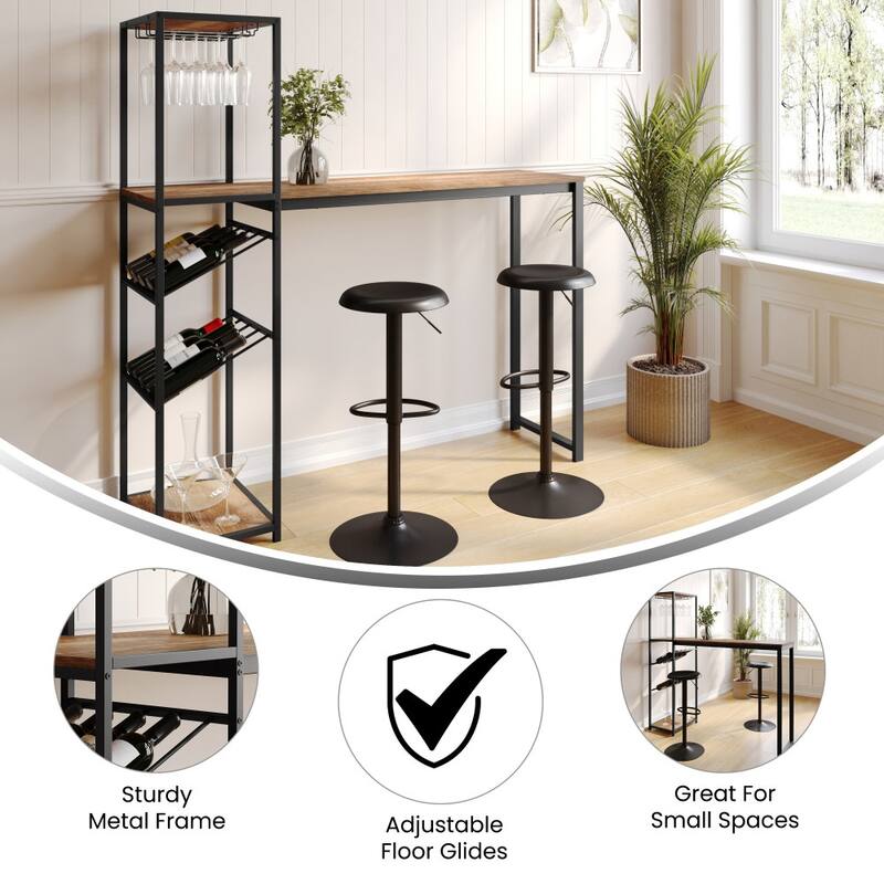 Modern Freestanding Metal Bar Table with Bottle and Stemware Storage